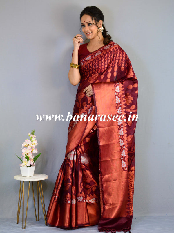 Banarasee Handwoven Semi-Chiffon Saree With Silver & Copper Zari-Maroon