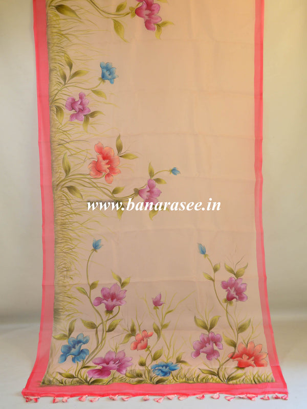 Banarasee Pure Organza Silk Saree With Hand-Paint Floral Design-Peach