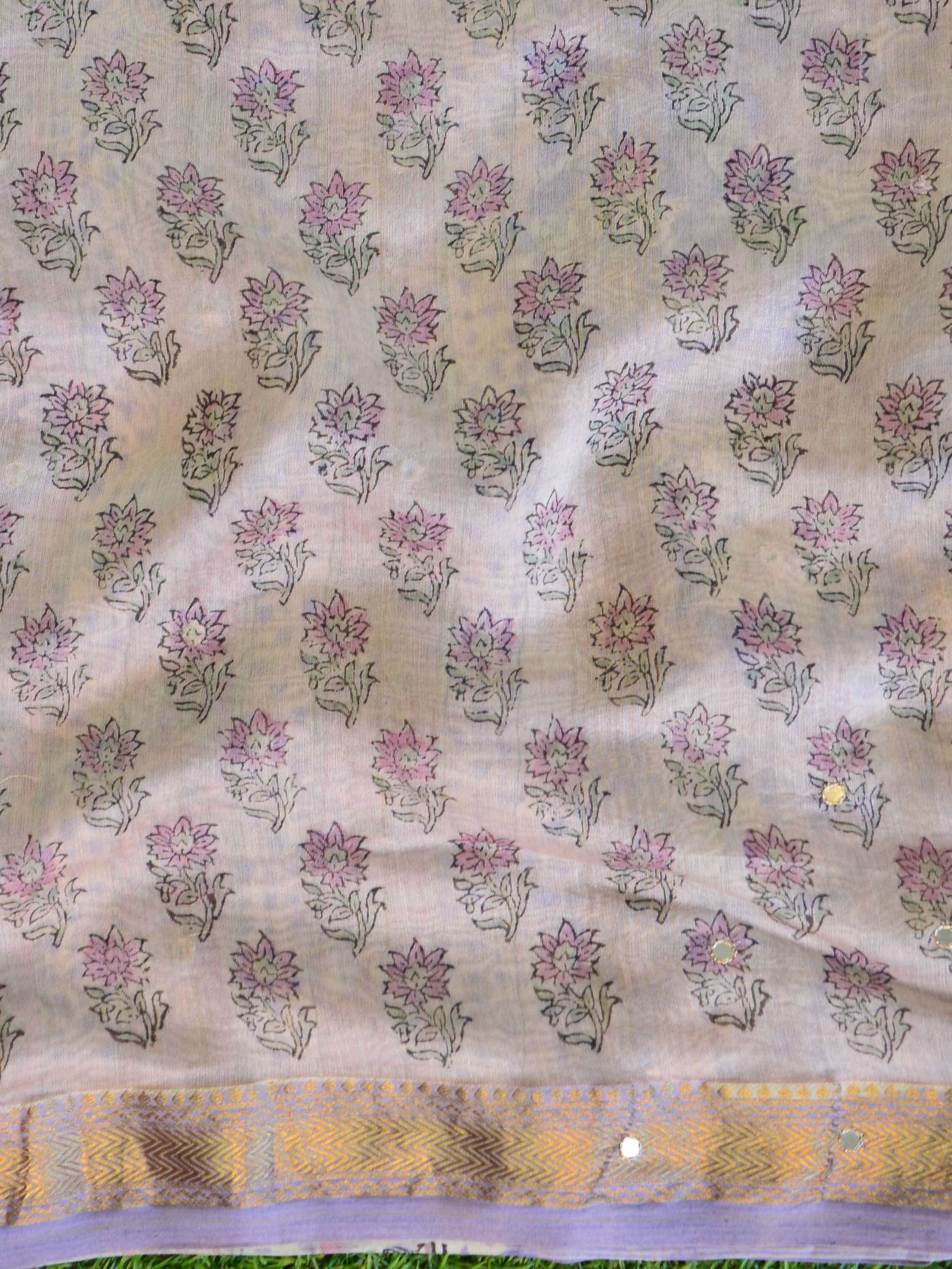 Handloom Maheshwari Silk Bagru Block Printed Mirror Work Saree-Lavender