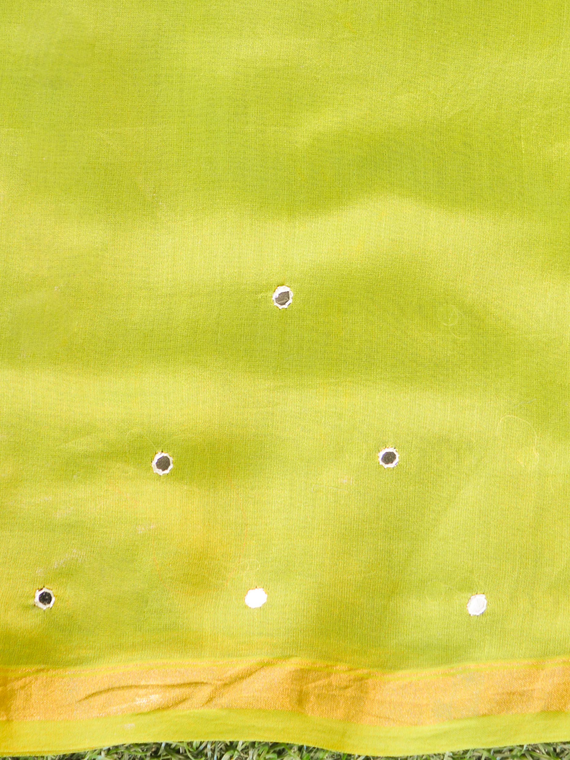 Handloom Chanderi Bagru Block Printed Mirror-Work Saree-Henna Green