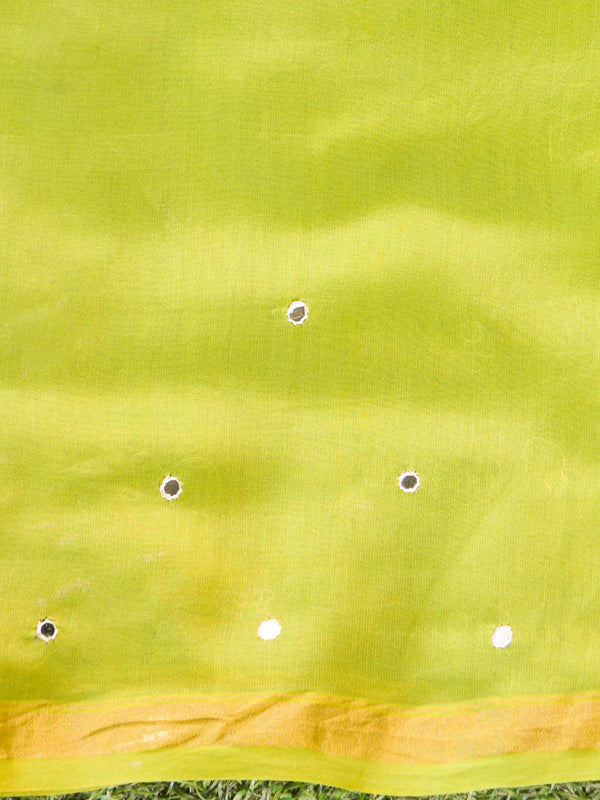 Handloom Chanderi Bagru Block Printed Mirror-Work Saree-Henna Green