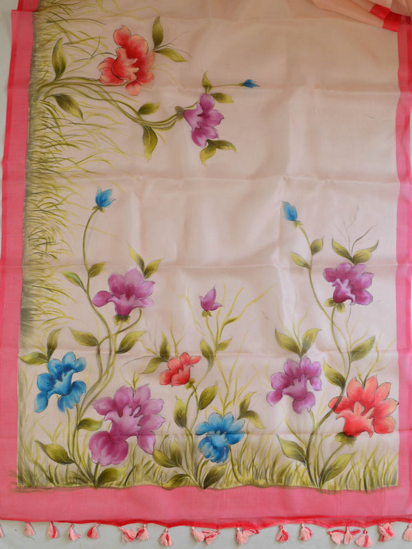 Banarasee Pure Organza Silk Saree With Hand-Paint Floral Design-Peach