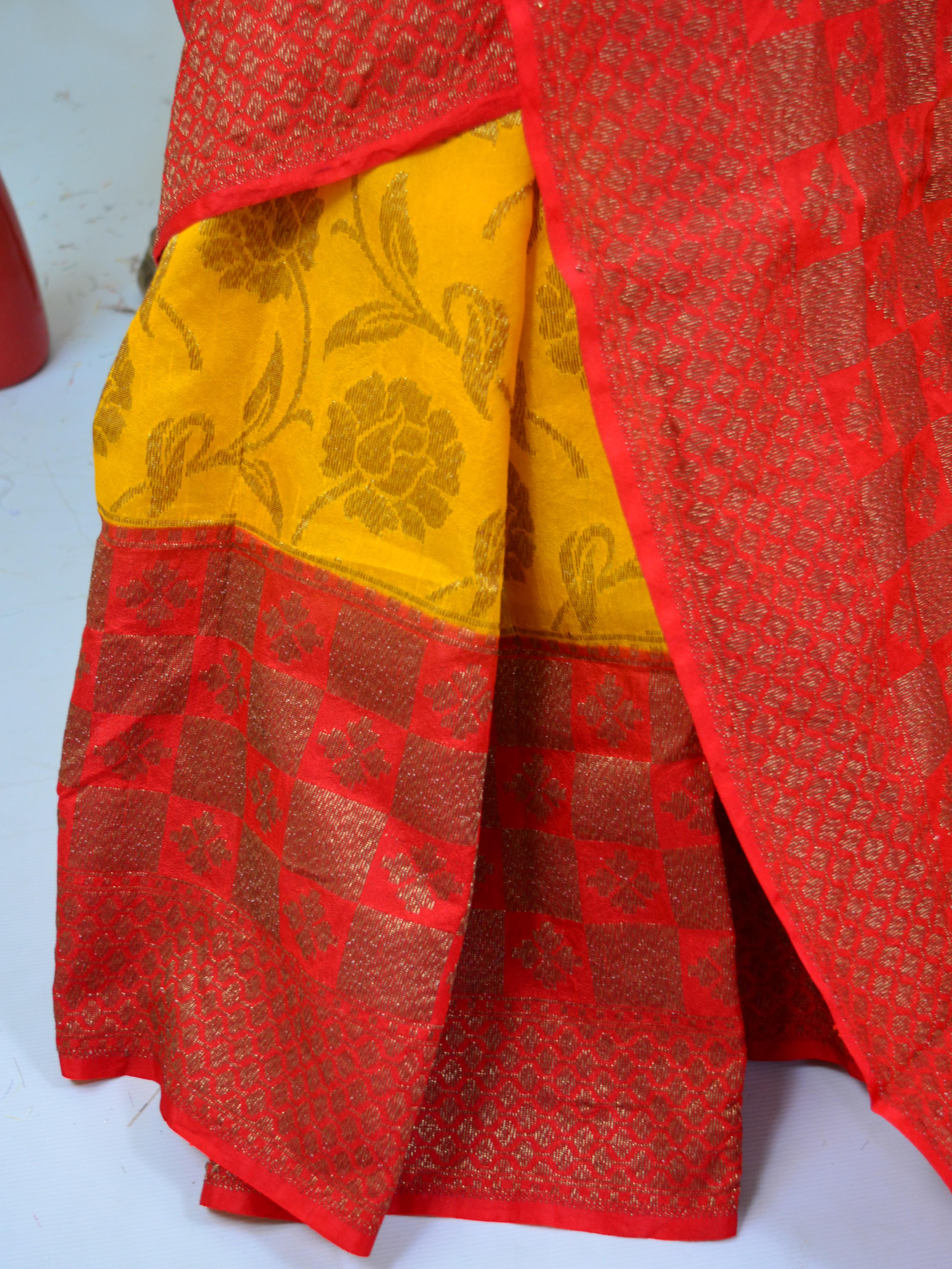 Banarasee Handwoven Semi Silk Saree With Red Contrast Border-Yellow