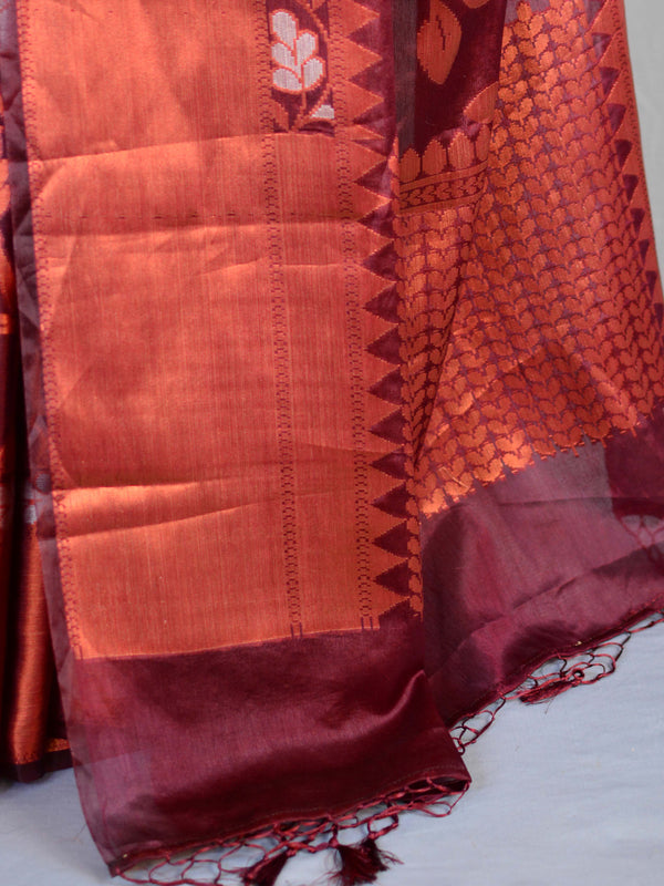 Banarasee Handwoven Semi-Chiffon Saree With Silver & Copper Zari-Maroon