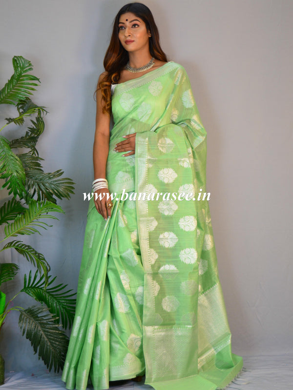 Banarasee Cotton Silk Saree With  Silver Zari Buta & Border-Green