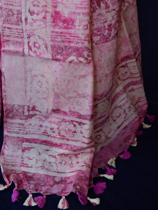 Bhagalpur Handloom Pure Linen Cotton Hand-Dyed Shibori Pattern Saree-Pink