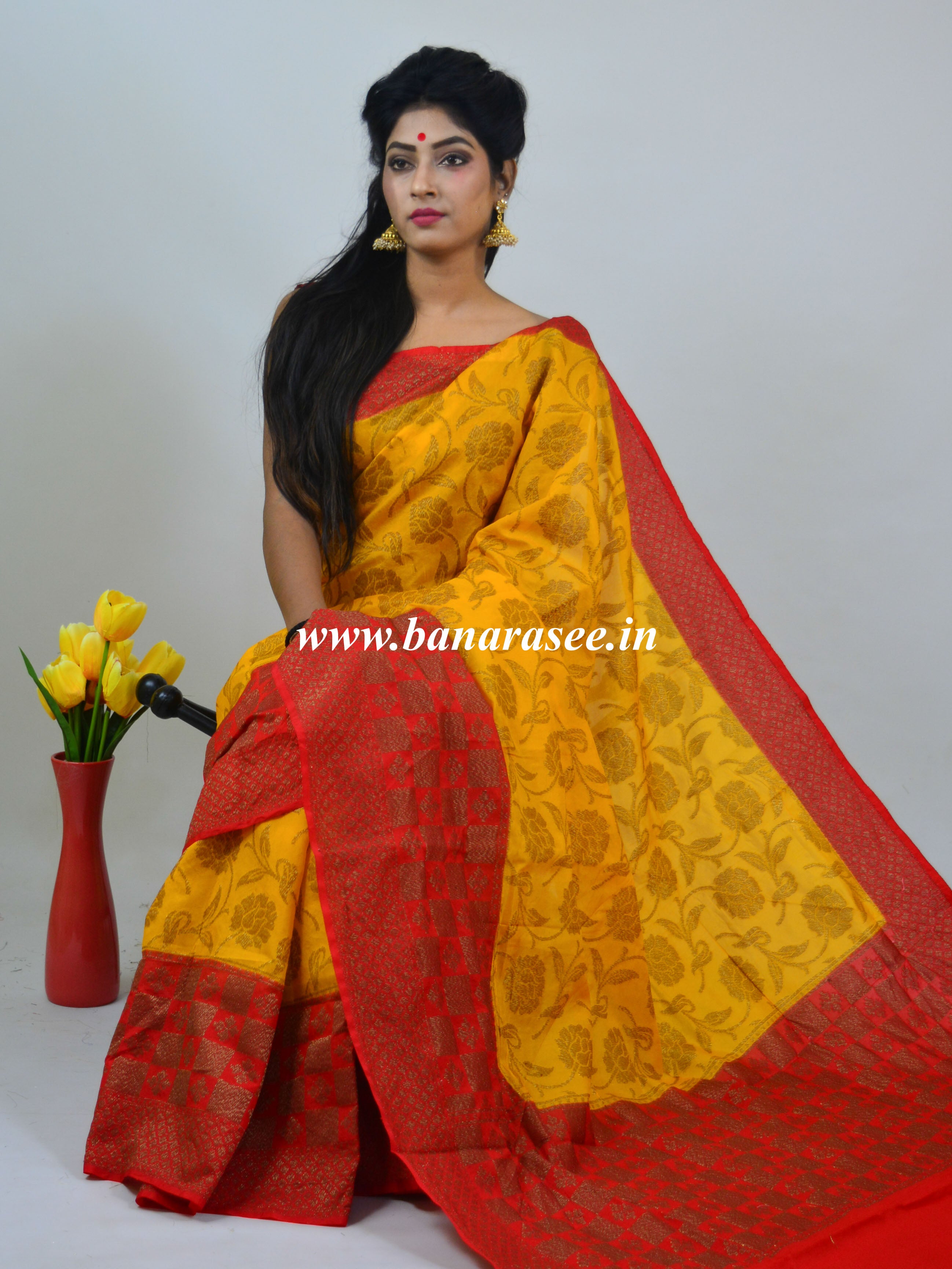 Banarasee Handwoven Semi Silk Saree With Red Contrast Border-Yellow