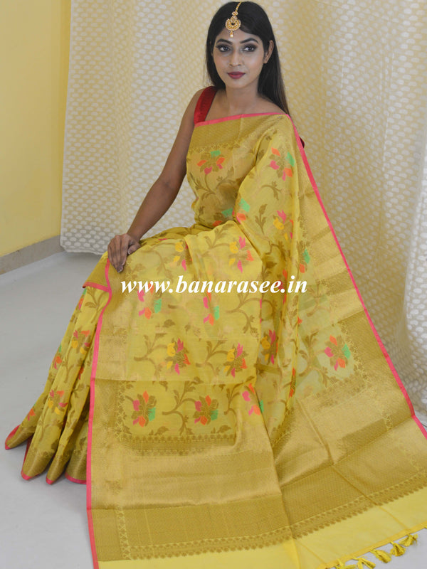 Banarasee Handloom Chanderi Cotton Resham Jaal Antique Gold Zari Saree-Yellow