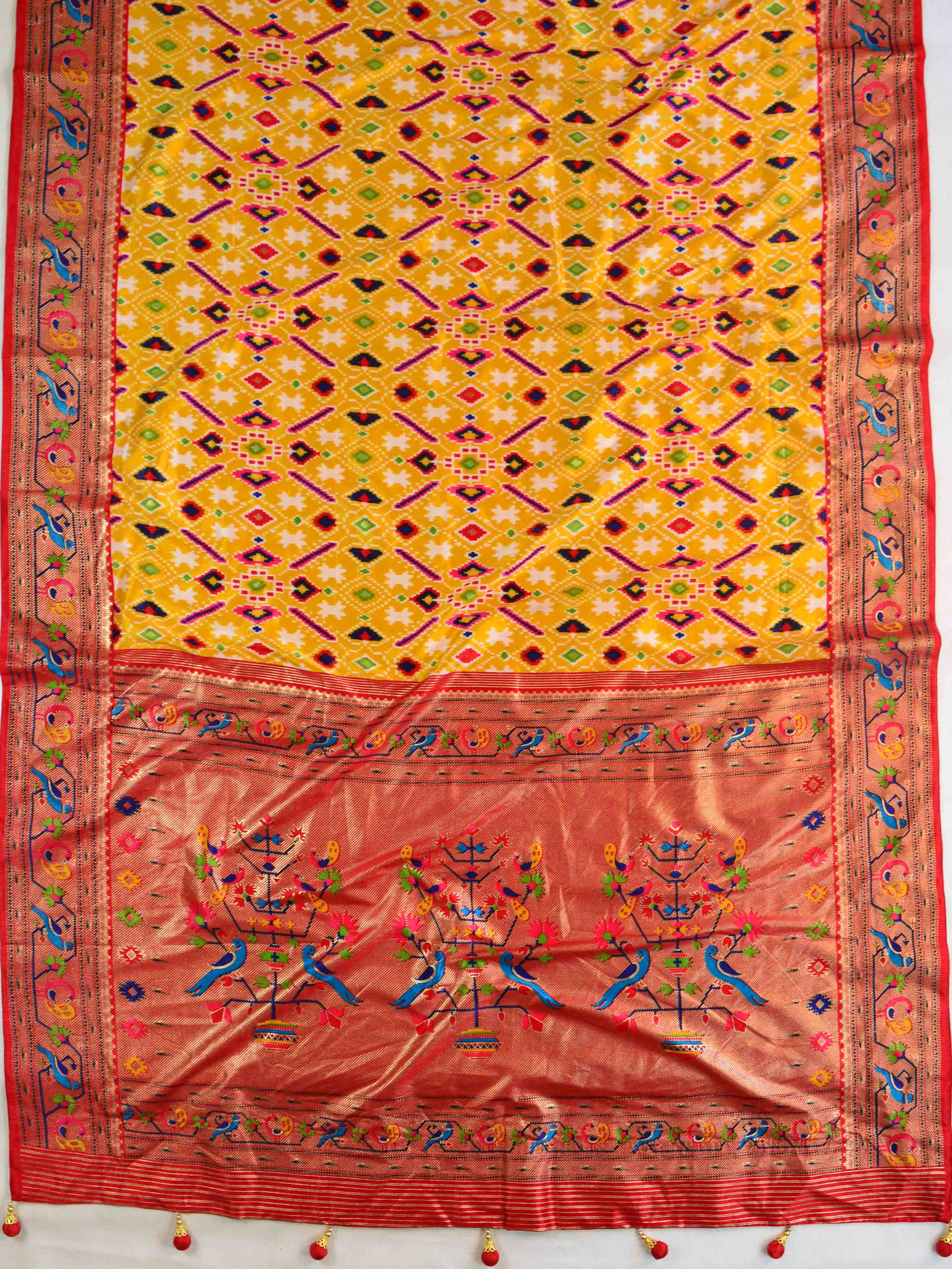 Banarasee Soft Silk Patola Saree With Zari Border-Yellow & Red