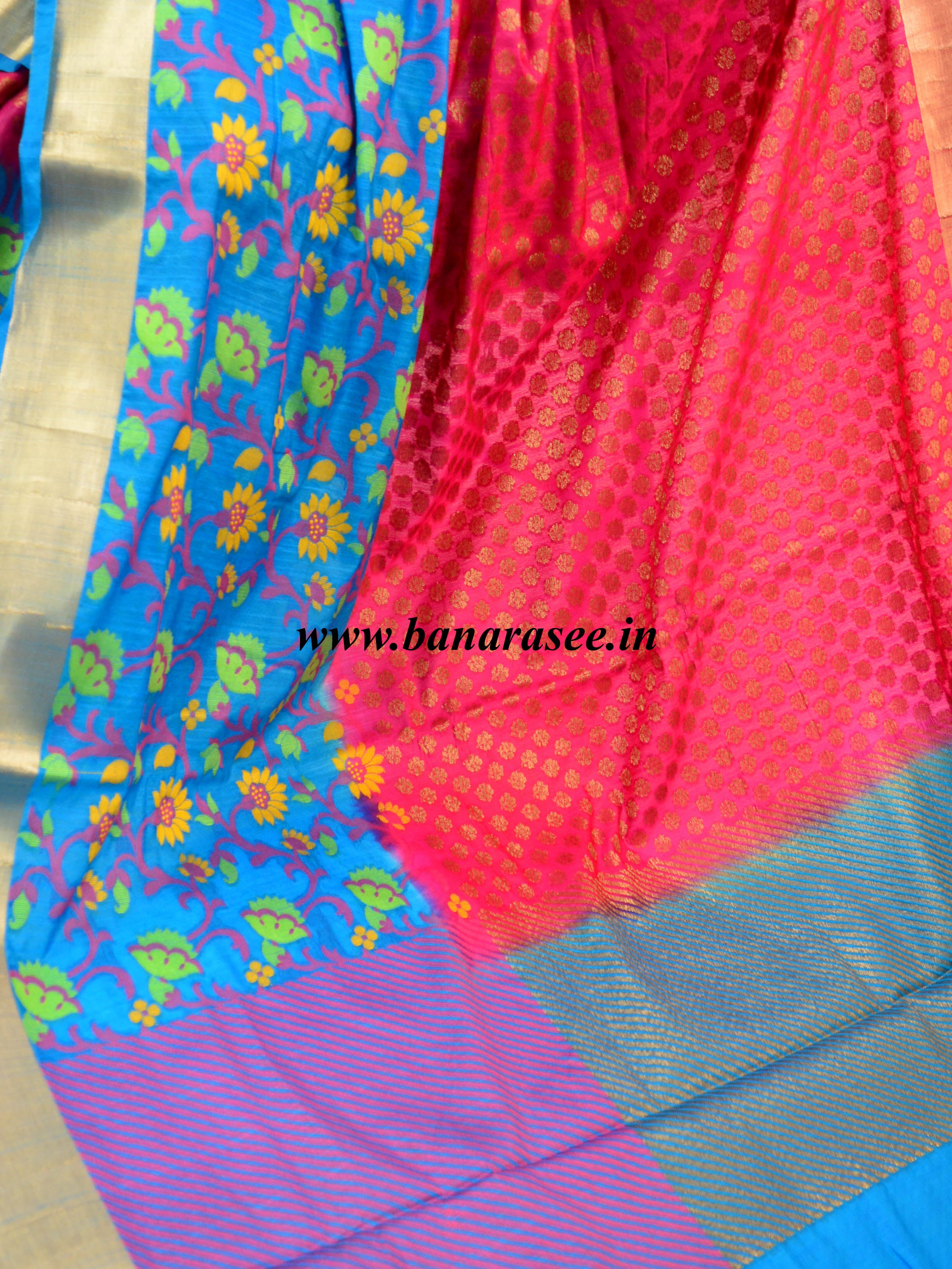 Banarasee Handwoven Semi Silk Saree With Floral Skirt Border-Magenta & Blue