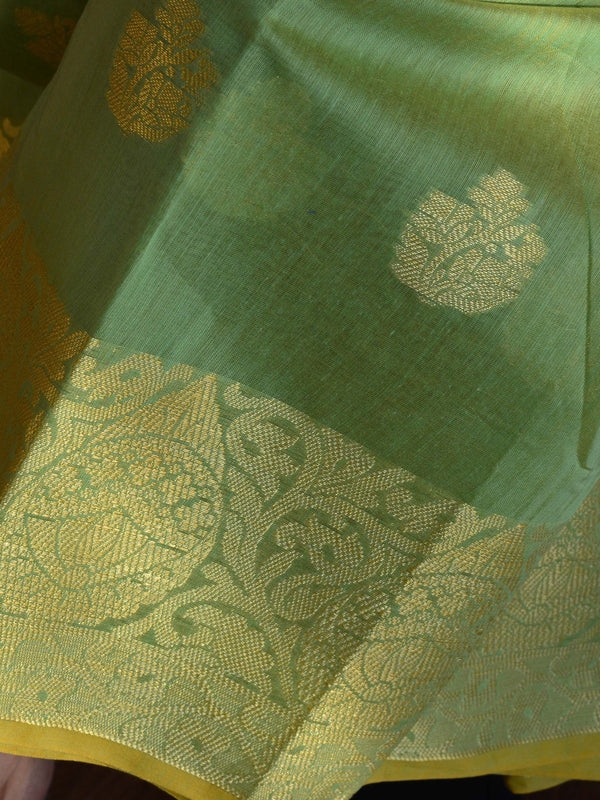 Banarasee Chanderi Cotton Salwar Kameez Buta Design Fabric With Contrast Dupatta-Green & Peach