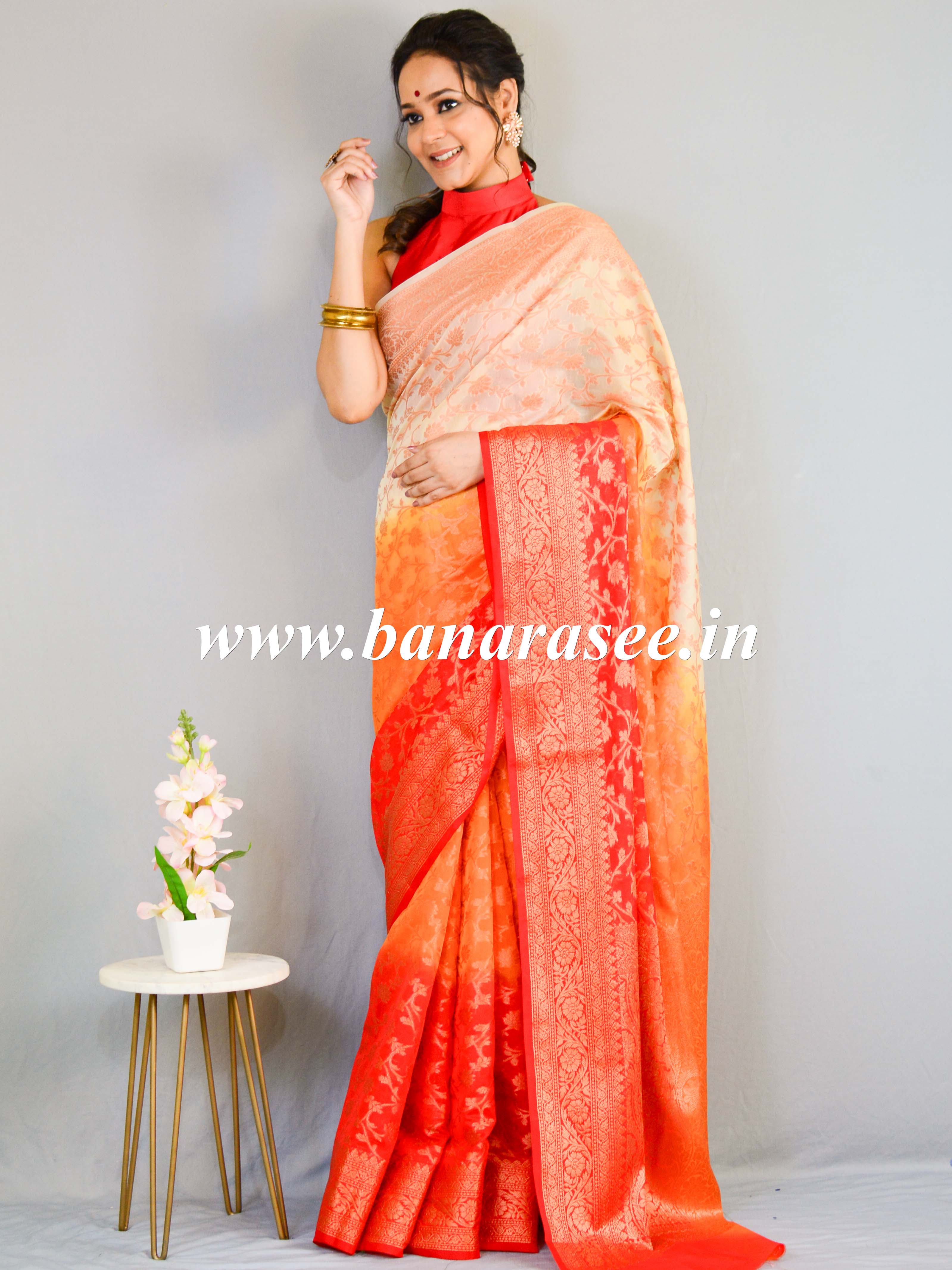 Banarasee Handwoven Semi-Chiffon Saree With Copper Zari Jaal Work-Red & Beige