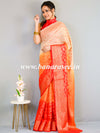 Banarasee Handwoven Semi-Chiffon Saree With Copper Zari Jaal Work-Red & Beige