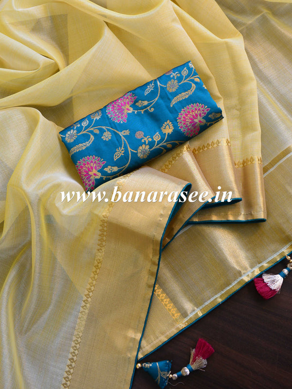 Banarasee Handwoven Plain Organza Tissue Saree With Silk Brocade Blouse-Yellow