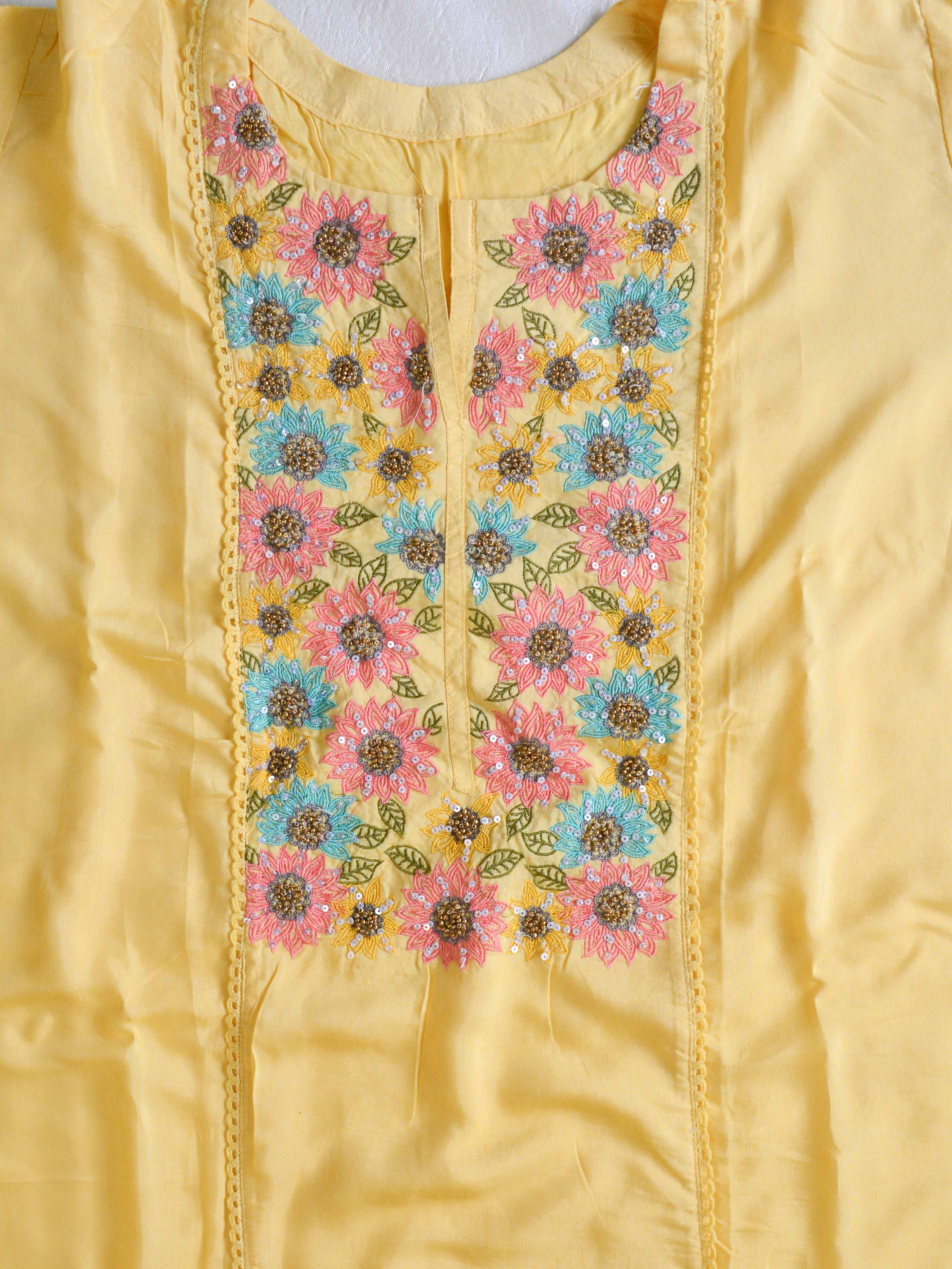 Banarasee Semi-Stitched Muslin Silk Handwork Salwar Kameez Set With Organza Cutwork Dupatta-Yellow