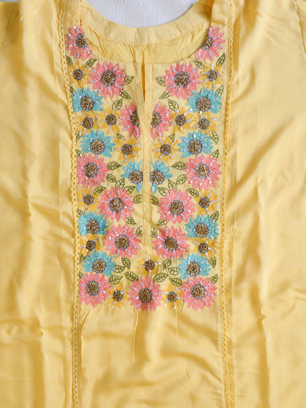 Banarasee Semi-Stitched Muslin Silk Handwork Salwar Kameez Set With Organza Cutwork Dupatta-Yellow