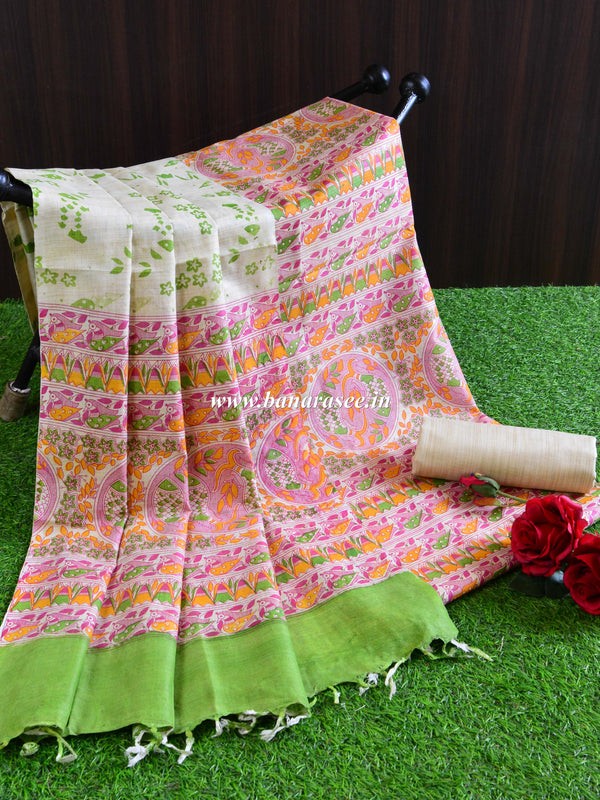 Handloom Block Printed Khadi Cotton Salwar Kameez Dupatta Set-Green & Beige