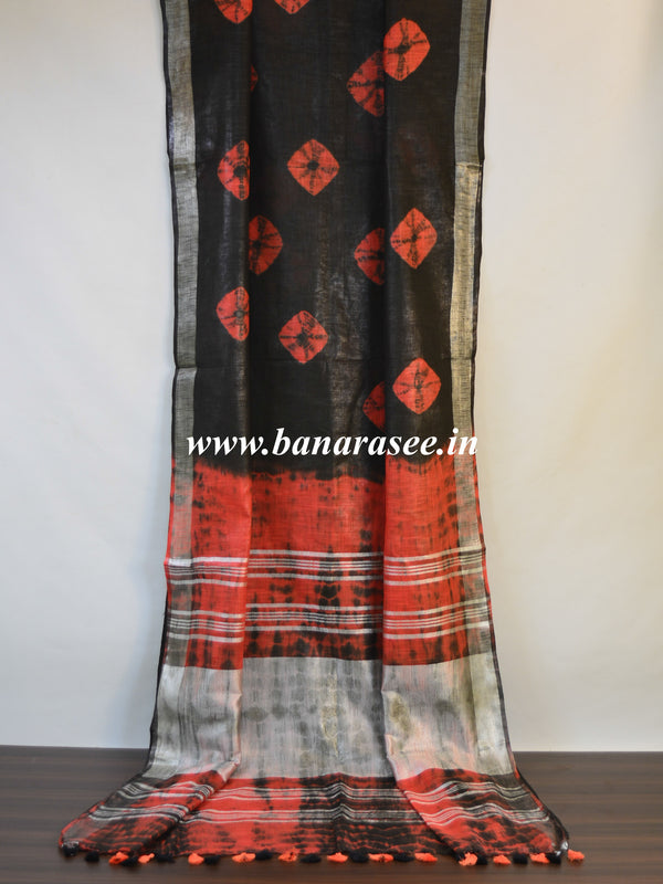 Bhagalpur Handloom Pure Linen Cotton Hand-Dyed Leheriya Pattern Saree-Black & Brown