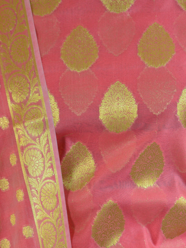 Banarasee Salwar Kameez Cotton Silk Gold Zari Buti Woven Fabric-Peach