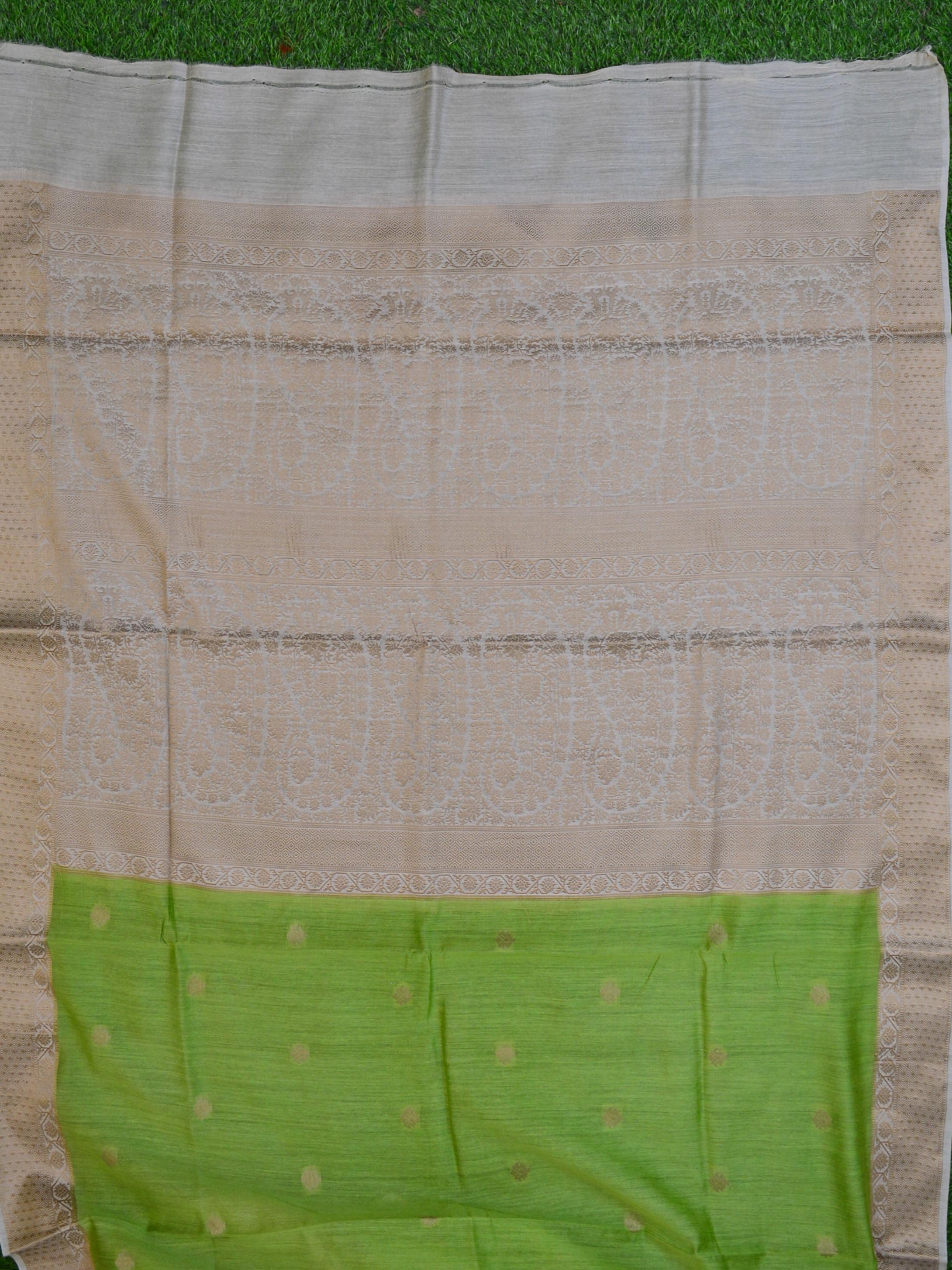 Banarasee Handwoven Pure Muga Silk Sari With Floral Border & Pallu-Green