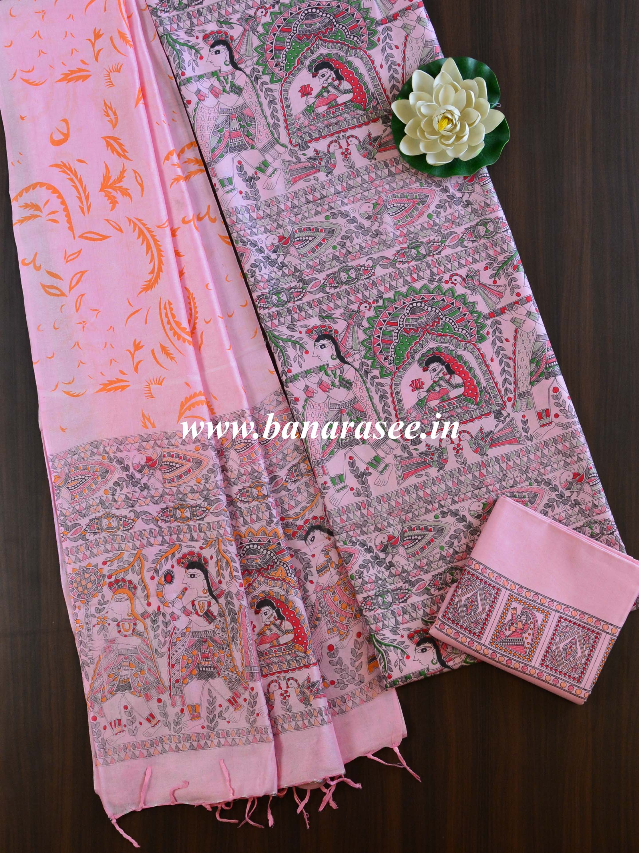Handloom Madhubani Printed Khadi Cotton Salwar Kameez Dupatta Set-Pink