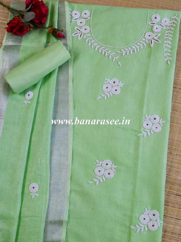 Handwoven Linen Salwar Kameez & Dupatta With Hand-Embroidered Pearl Work-Green