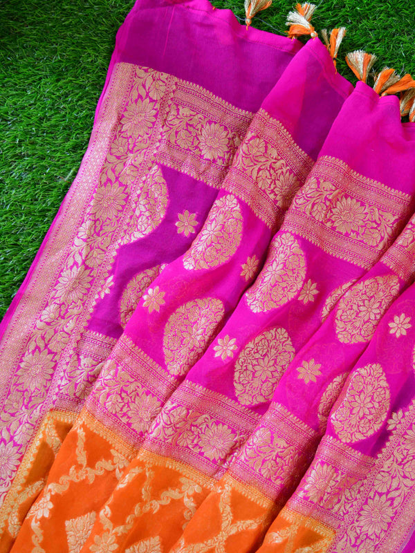 Banarasee Handwoven Khaddi Chiffon Silk Dupatta-Orange & Pink