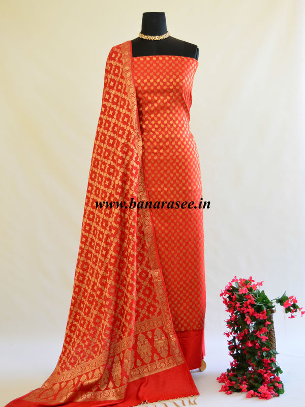 Banarasee Salwar Kameez Cotton Silk Gold Zari Buti Woven Fabric-Red
