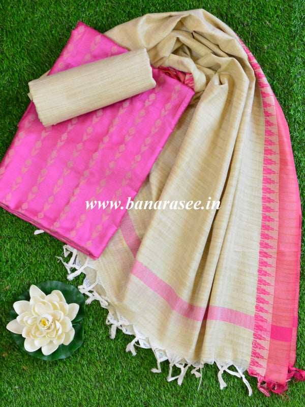 Handloom Khadi Cotton Salwar Kameez Dupatta Set-Pink & Beige