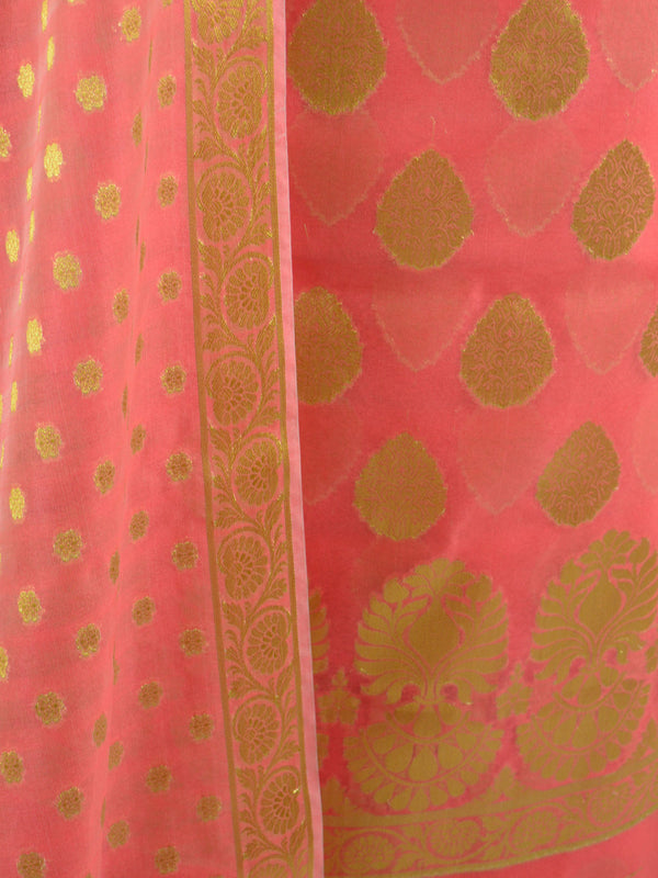 Banarasee Salwar Kameez Cotton Silk Gold Zari Buti Woven Fabric-Peach
