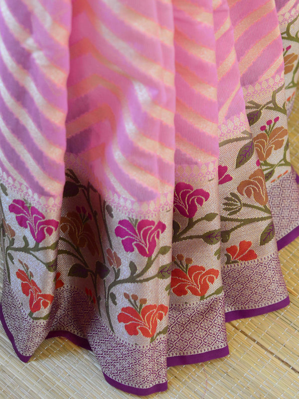 Banarasee Handwoven Semi-Chiffon Saree With Zig-Zag Design-Pink & Purple