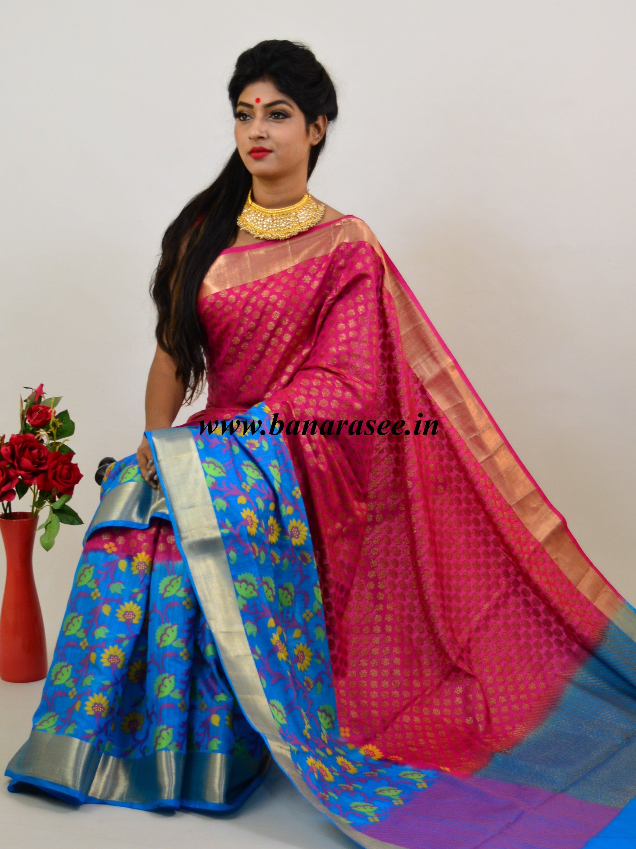 Banarasee Handwoven Semi Silk Saree With Floral Skirt Border-Magenta & Blue