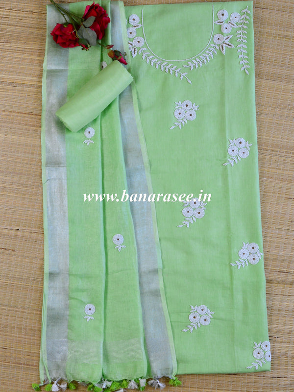 Handwoven Linen Salwar Kameez & Dupatta With Hand-Embroidered Pearl Work-Green