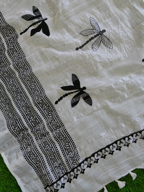 Banarasee Soft Cotton Bagru Hand-Block Printed Saree-White & Red