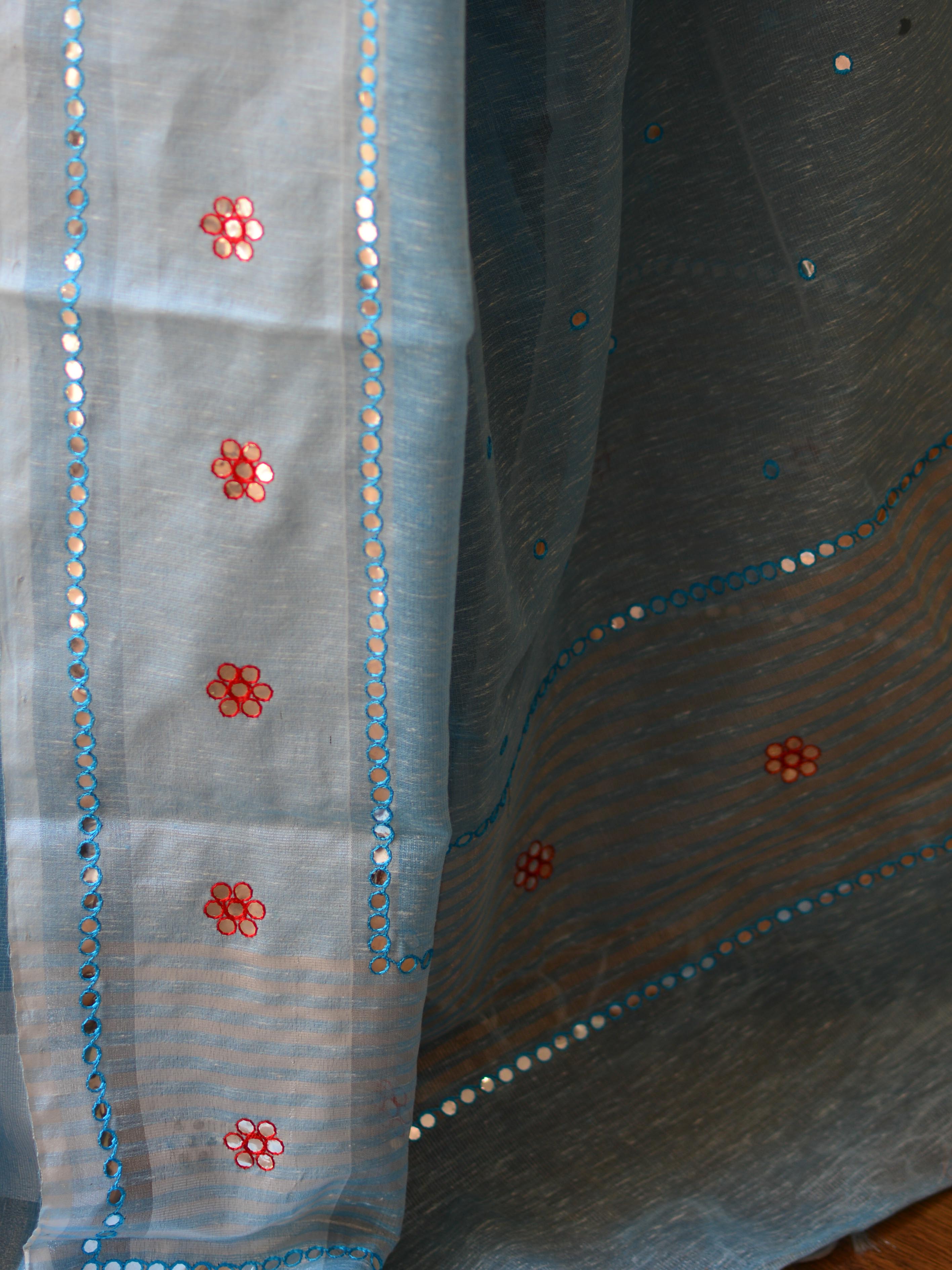 Banarasee Silk Cotton Mix Saree With Mirror Work-Blue