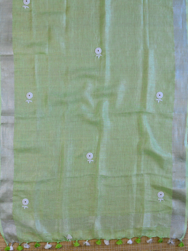 Handwoven Linen Salwar Kameez & Dupatta With Hand-Embroidered Pearl Work-Green