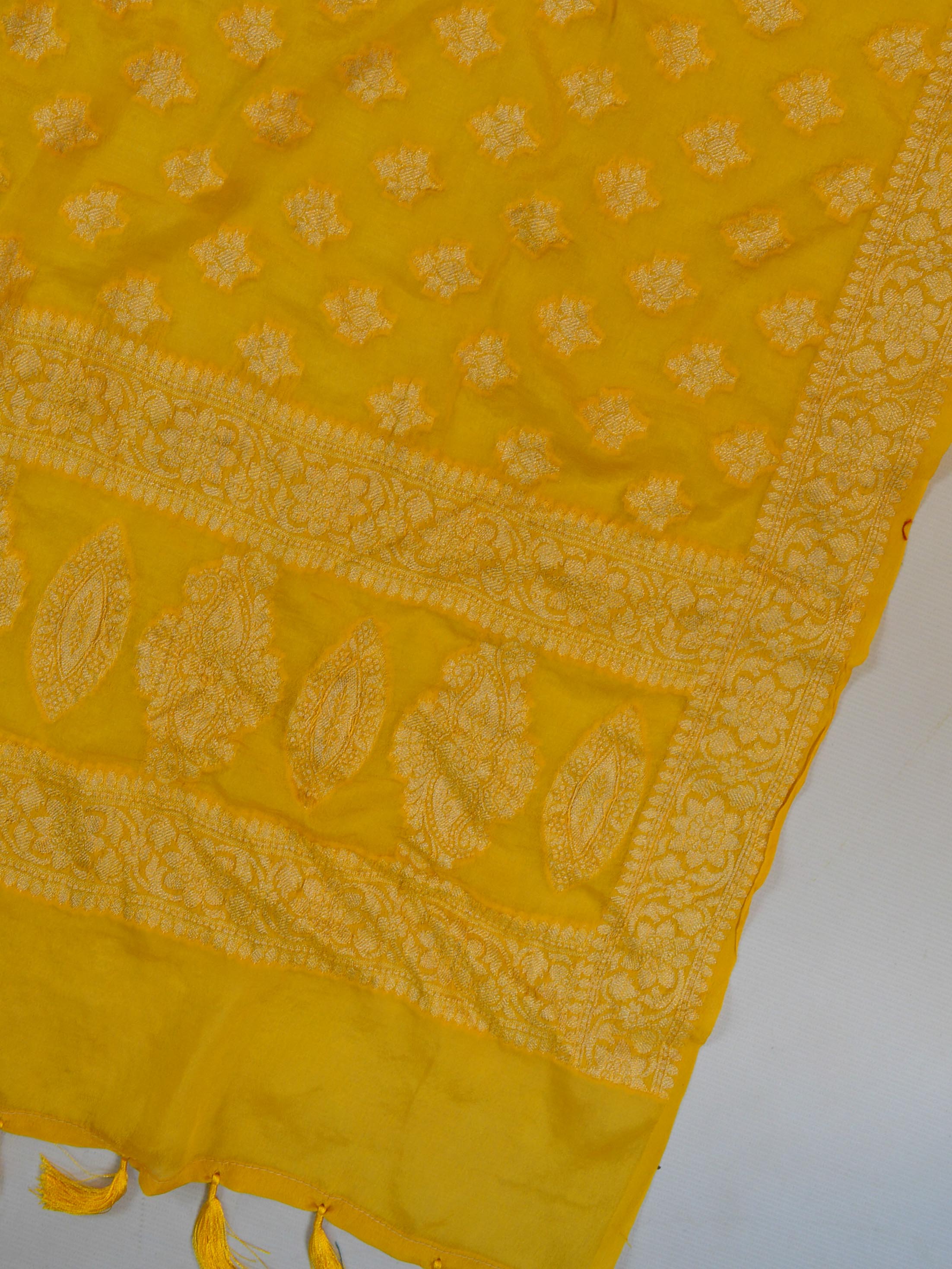 Banarasee Handloom Pure Chiffon Silk Kameez Fabric With Dupatta-Mustard & Peach