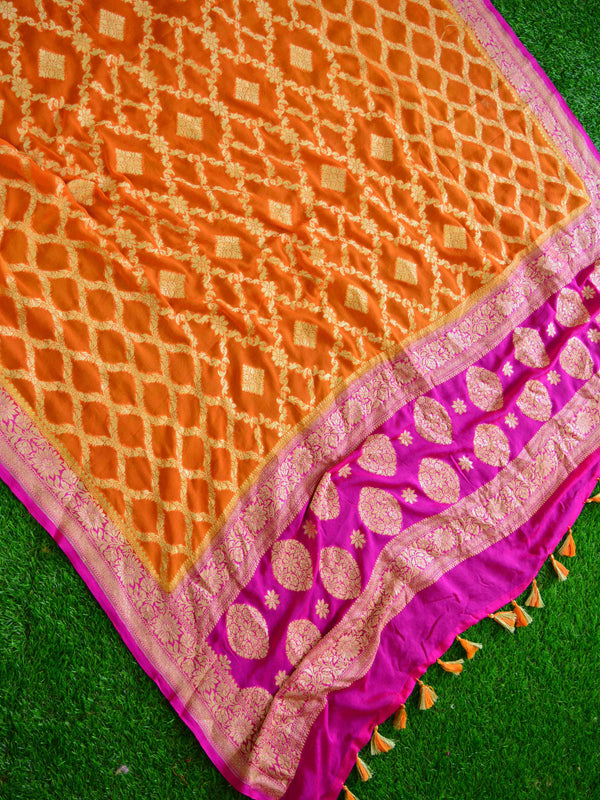 Banarasee Handwoven Khaddi Chiffon Silk Dupatta-Orange & Pink