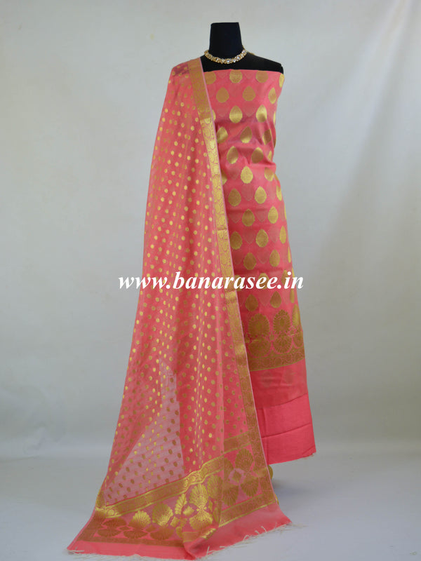 Banarasee Salwar Kameez Cotton Silk Gold Zari Buti Woven Fabric-Peach