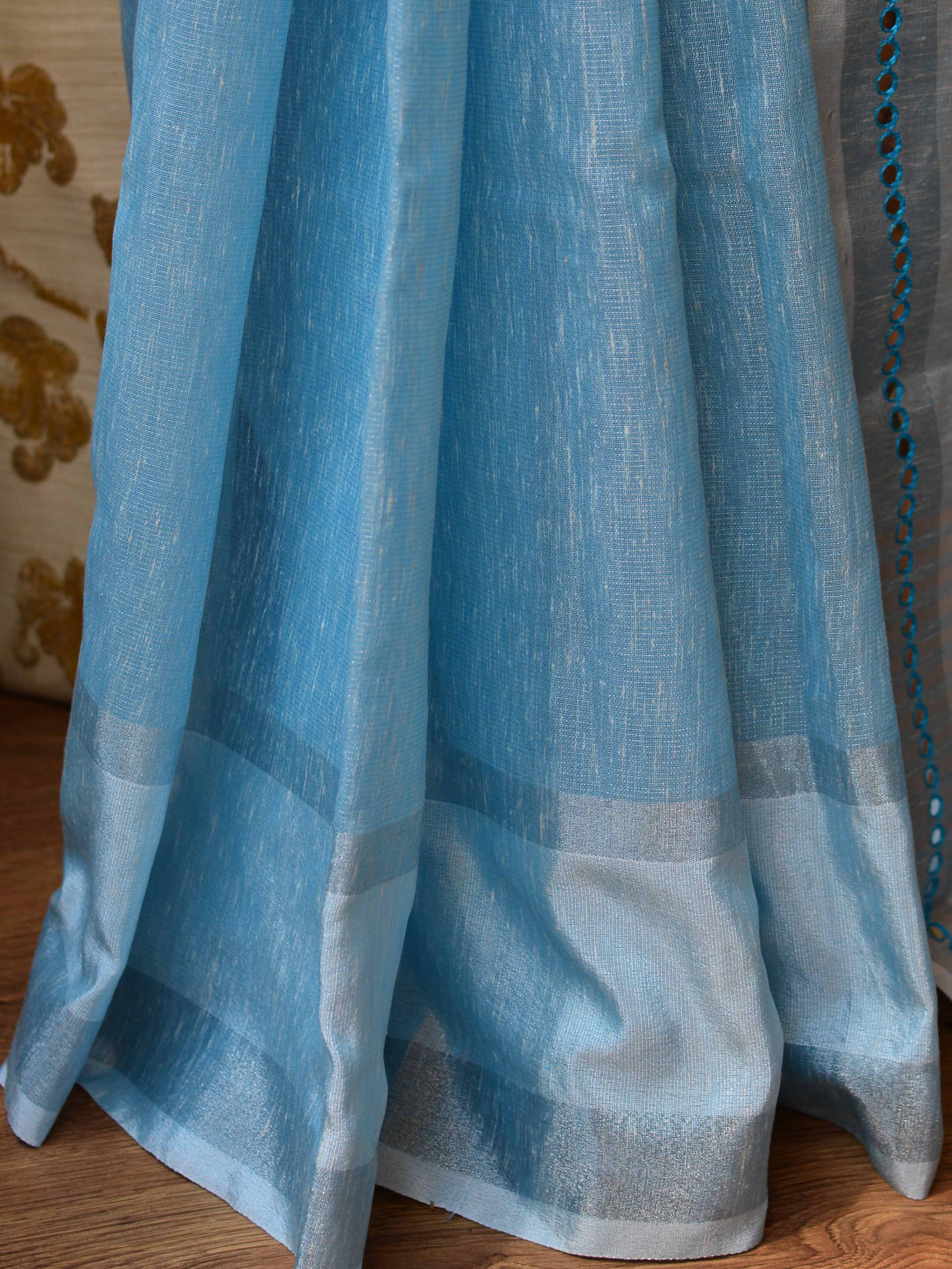 Banarasee Silk Cotton Mix Saree With Mirror Work-Blue