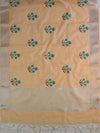 Banarasee Linen Cotton Saree With Embroidered Buta & Silver Zari Border-Peach