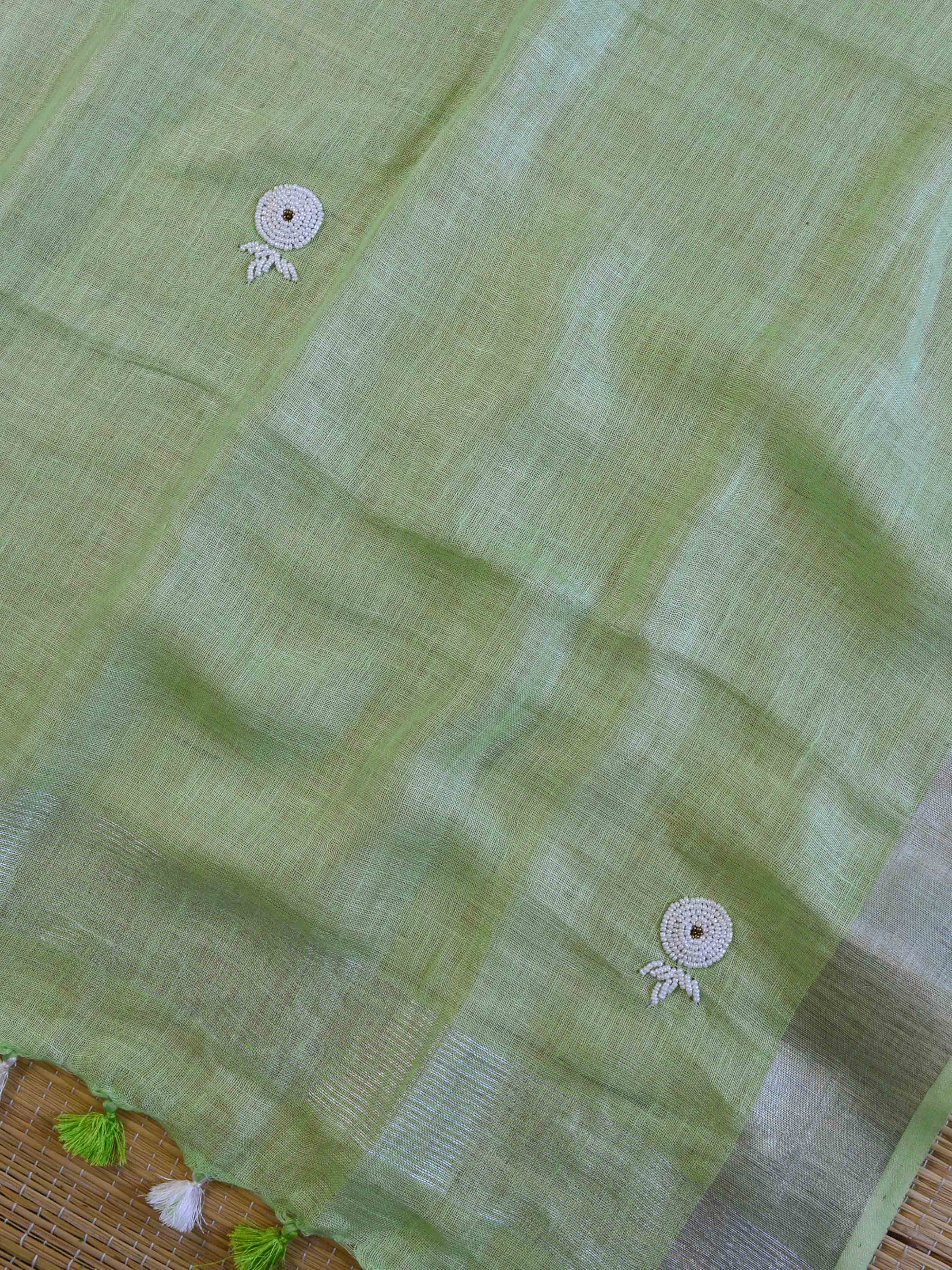 Handwoven Linen Salwar Kameez & Dupatta With Hand-Embroidered Pearl Work-Green