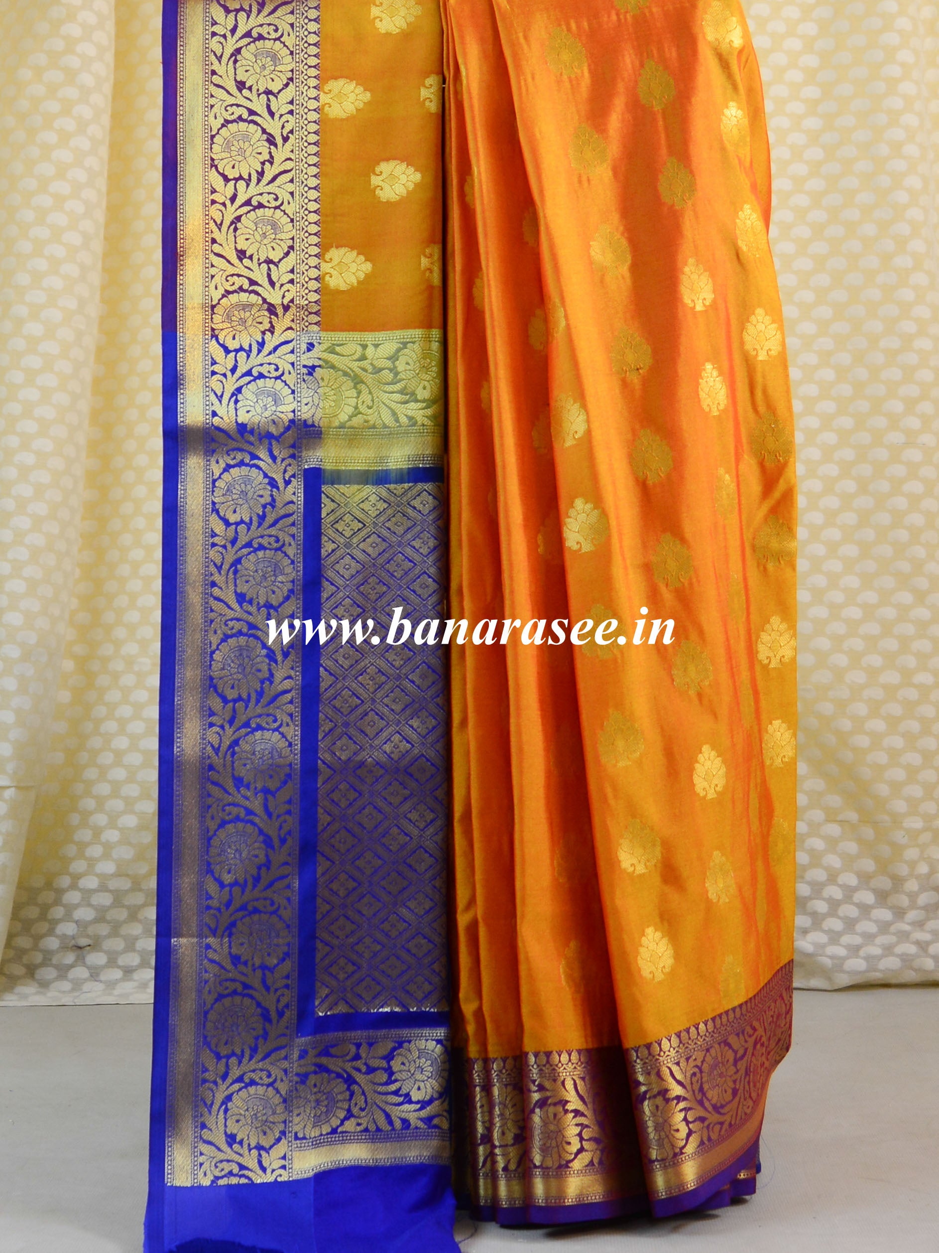 Banarasee Handwoven Semi Silk Saree With Zari Buta Design & Floral Border -Gold