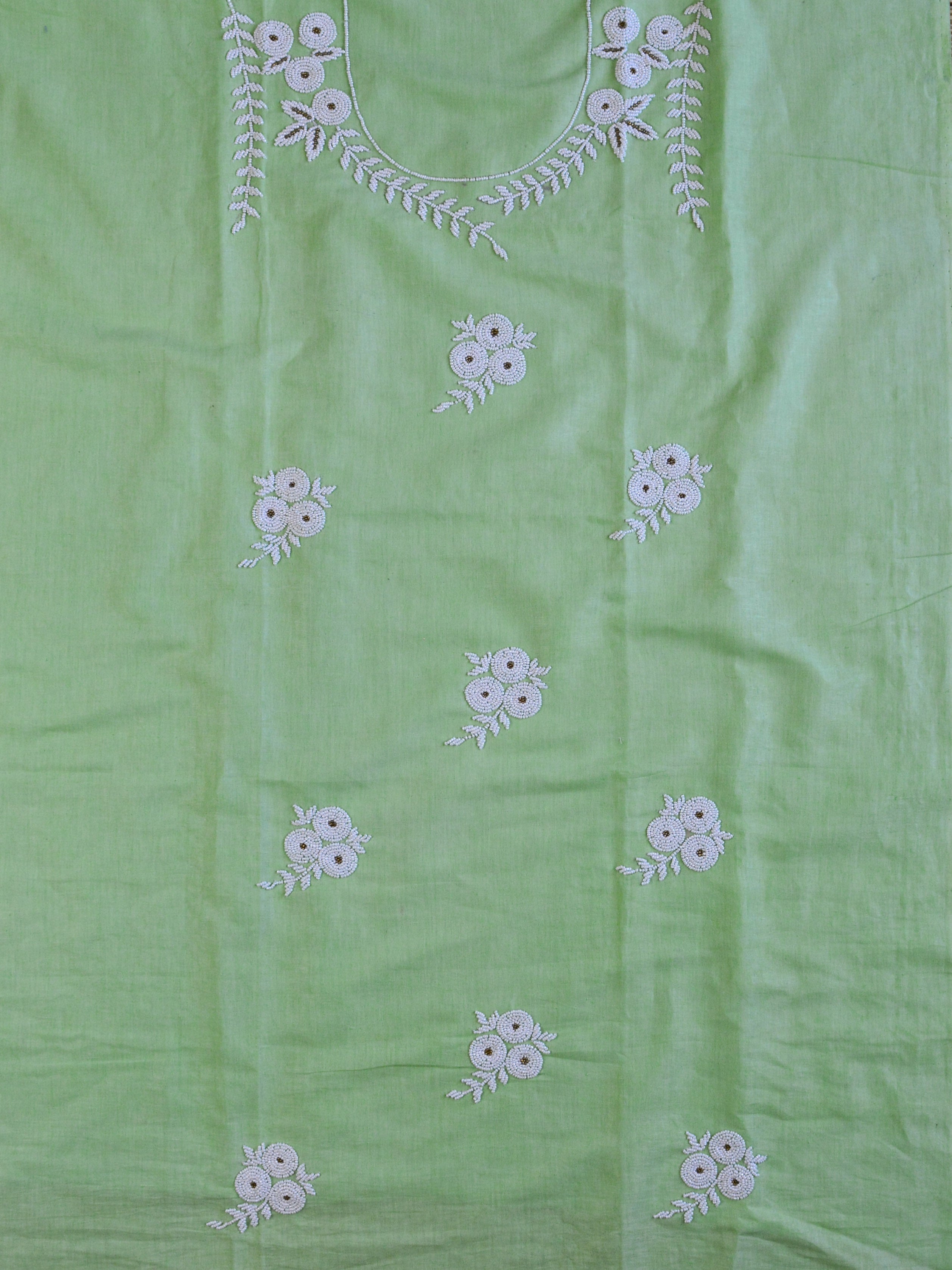 Handwoven Linen Salwar Kameez & Dupatta With Hand-Embroidered Pearl Work-Green