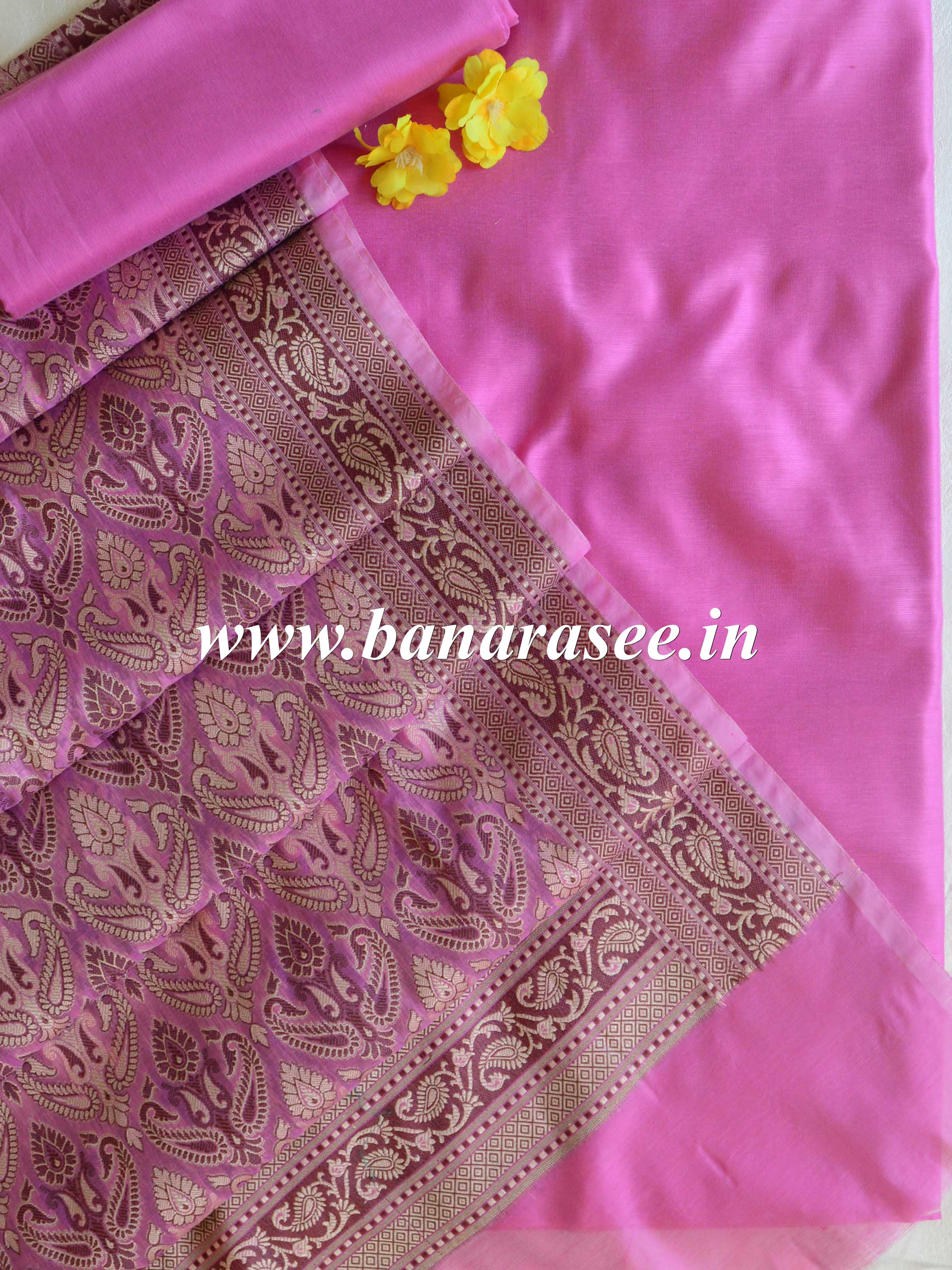 Banarasee Cotton Silk Plain Salwar Kameez Fabric With Resham Jaal Dupatta-Pink