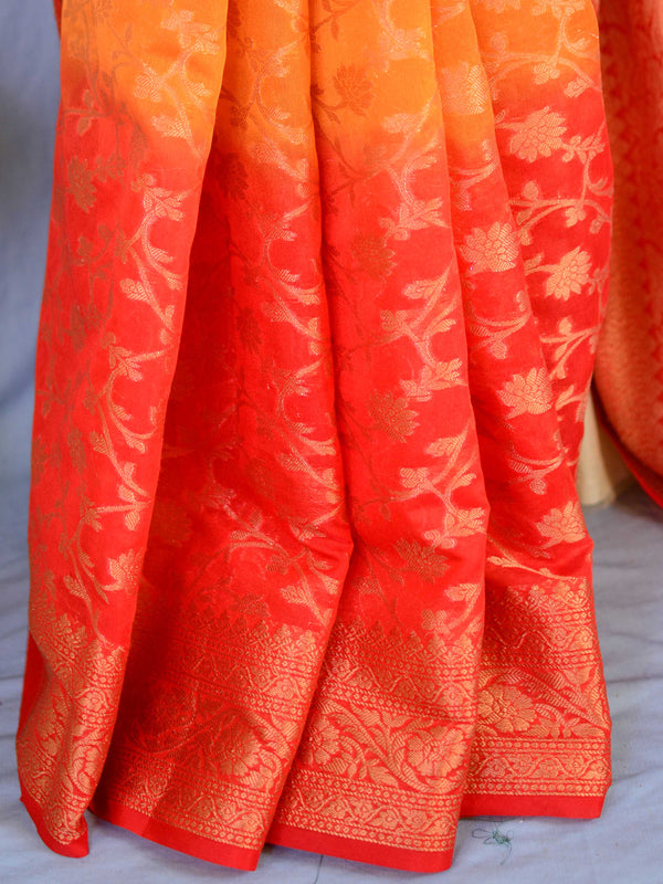 Banarasee Handwoven Semi-Chiffon Saree With Copper Zari Jaal Work-Red & Beige
