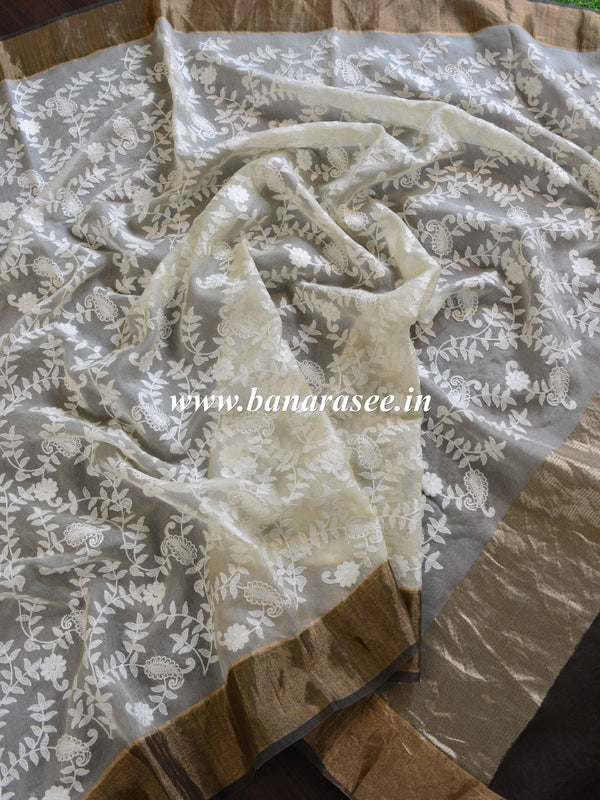 Banarasee Handwoven Pure Silk Cotton Chikankari Embroidery Saree-White