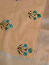 Banarasee Linen Cotton Saree With Embroidered Buta & Silver Zari Border-Peach