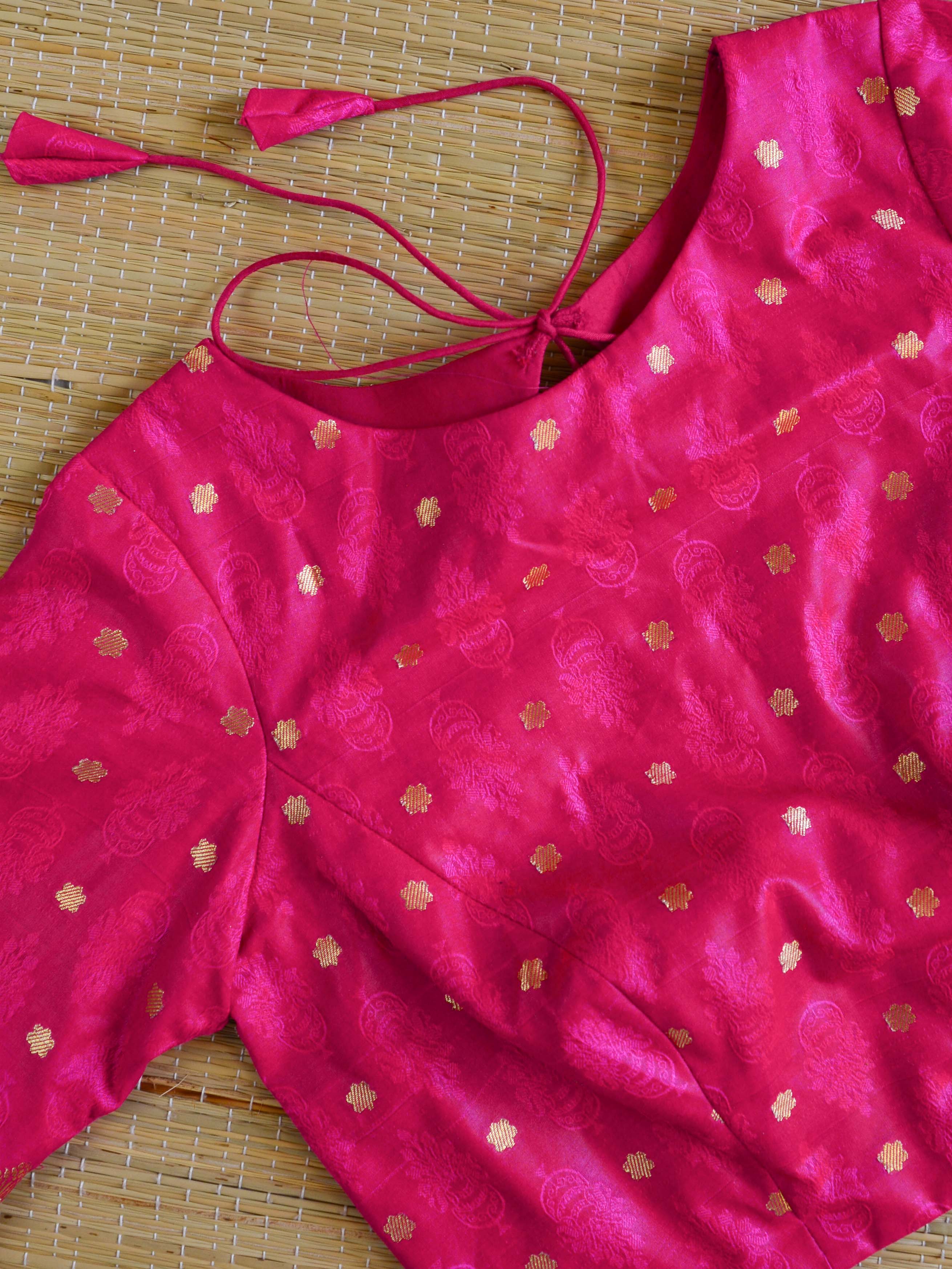Banarasee Pure Silk Brocade Fabric Blouse-Hot Pink