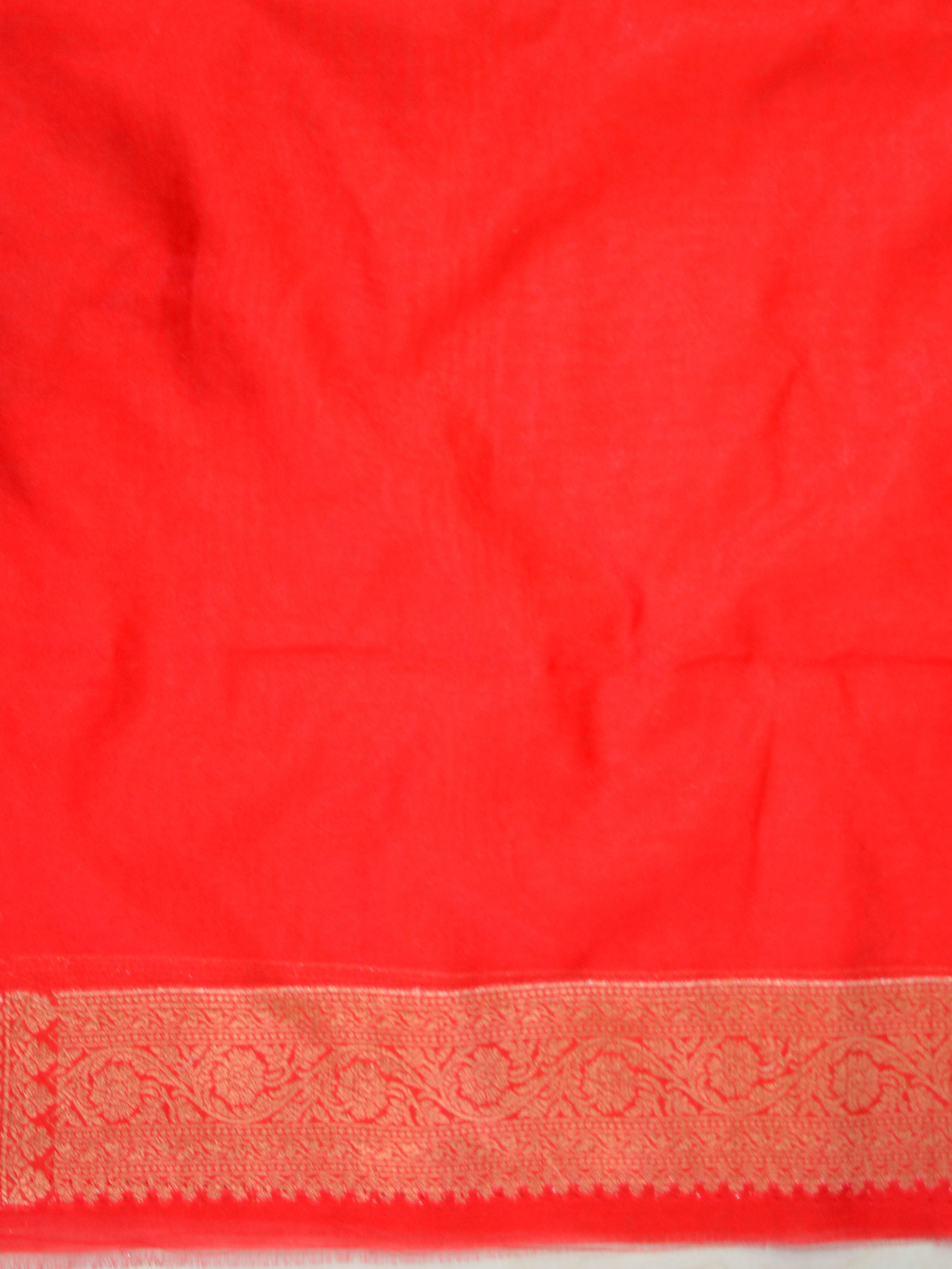 Banarasee Handwoven Semi-Chiffon Saree With Copper Zari Jaal Work-Red & Beige
